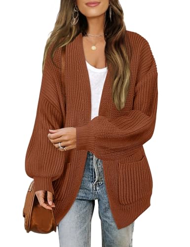 MEROKEETY Women's 2025 Open Front Chunky Cardigans Lantern Long Sleeve Oversized Knit Outwear with Pocket