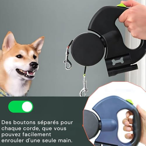 AVOID Doppelte Hundeleine Große Hunde 3M - Reflektierende Leine Hund, 360° Drehfunktion Mit Taschenlampe Und Taschenspender, Hundeleine 3M, Automatische Einziehbare Rollleinen