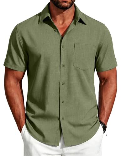 Image of COOFANDY Men's Button Down Shirts Short Sleeve Casual Shirts Summer Beach Linen Shirts with Pocket