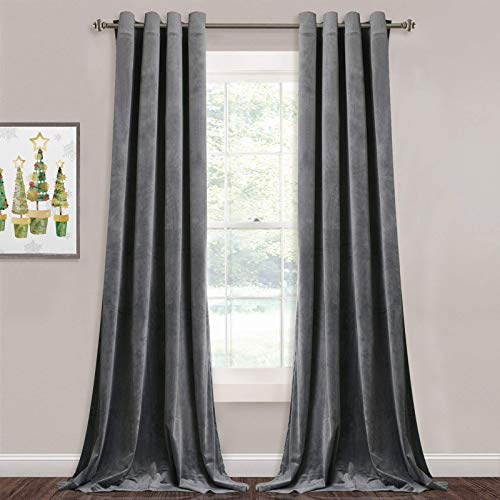 Extra Long Velvet Curtain Panels - Super Soft Velvet Textured Blackout Drapes for Bedroom Thermal Insulated Window Privacy Blinds for Villa/Living Room, Grey, 52 x 108 Inch, 2 Panels