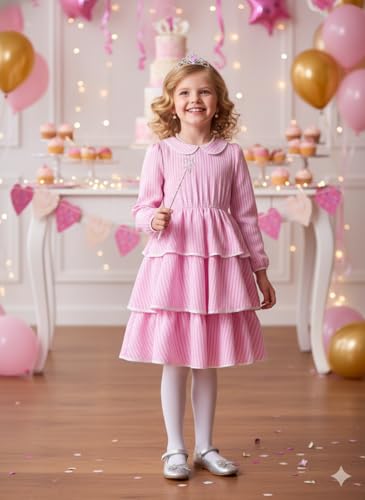 JiAmy Sukienki dla dziewczynek Długi rękaw Vintage Kołnierz Peter-pan Kontrastujące paski Dziecięca sukienka na przyjęcie urodzinowe Warstwowa nadęta sukienka tortowa Święta sukienka dla nastolatka 4
