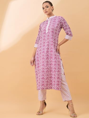 Image of Winza Designer Geometric Printed Pink Cotton Kurta Sets for Woman | Kurtasets | Kurti with Pant Co Ord Set for Women | Kurtas Kurtis | Cordset | Coordset