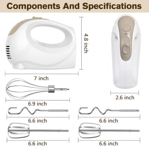 Image of Showvigor Electric Hand Mixer with 5 Stainless Steel Whisks,5 Speed,White