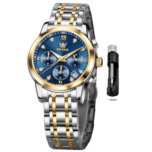 Image of OLEVS Women Watch Multifunctional Two Tone Watch Fashion Business Analog Quartz Ladies Watch Stainless Steel Waterproof Diamond Watch for Women