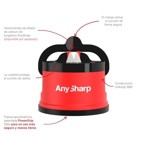 Miniatura 4 de Anysharp Afilador De Cuchillos, Seguridad Sin Manos, Ventosa, Afila Con Seguridad Todos Los Cuchillos De Cocina, Ideal Para Acero Endurecido Y Dentados, El Mejor Del Mundo, Compacto, Rojo