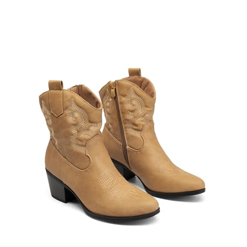 DREAM PAIRS Women's Western Cowboy Cowgirl Embroidered Ankle Boots Fashion Low chunky Heel Round Toe Fall Short Booties Shoes,Size 8,Tan,SDAB2432W
