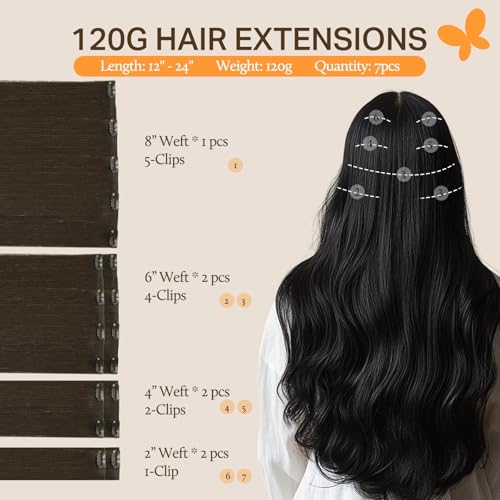 Image of DOORES Clip in Hair Extensions Remy, Light Dark Brown 14 Inch 120g 7pcs, Real Human Hair Extensions Clip in Straight Remy Weft