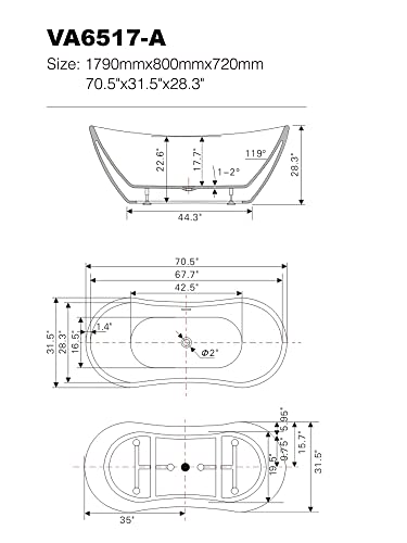 Vanity Art 71" X 32" Freestanding Bathtub | Home Improvement Bathtubs With Contemporary Design For Soaking And Bathing, Overflow And Pop-Up Drain With Upc Certified, Acrylic, Va6517 #TOP6