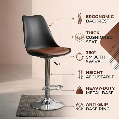 Image of activa Rapid Bar Stool Chair with Height Adjustable Design, Padded Seat & Footrest | Modern Metal Counter Stool for Kitchen, Home, Bar & Cafe Seating | Durable Comfort Chair (Black & Tan, Set of 2)