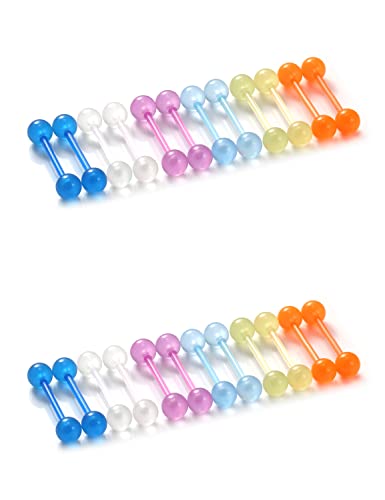Oufksiyy 14G 16Mm 14Mm Glow In Dark Flexible Acrylic Straight Tongue Rings Plastic Nipple Ring Retainer Body Piercing Jewelry For Women Men 24Pcs(12Pairs 14 Gauge Piercings #TOP5