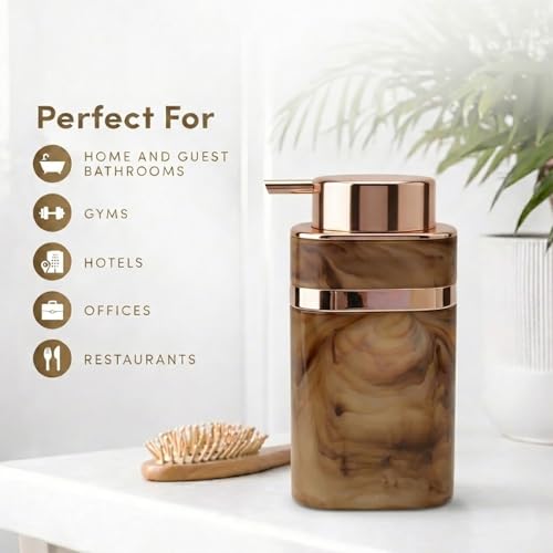 Image of Luxe Home International Marble Pattern Plastic Soap Dispenser for Bathroom and Kitchen Sink Leak Proof Liquid Hand Wash Square Bottle Lightweight Smooth Finish (13.5x7 cm Brown) Pack of 1