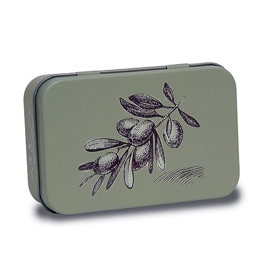 La Maison du Savon de Marseille Seifendose mit Olivenöl duftender Sheabutter-Seife im Oliven-Design – Seifenhalter für die Dusche und Reiseseifenbox – 125 g Seifenstück
