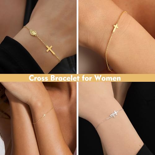 BAYLAY Cross Bracelet for Women - 18K Gold/White Plated Dainty Thin Chain Pearl Double Cross Jewelry - Bridesmaid Gifts4