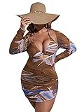 Romwe Women's Plus Size Bikini Set Mesh Drawstring Halter 3 Pieces Swimsuit Bathing Suits Chocolate Brown 1XL