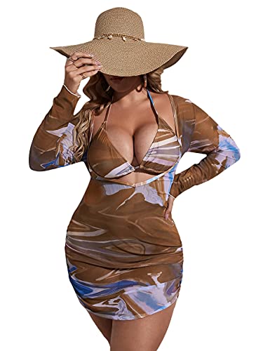 Romwe Women's Plus Size Bikini Set Mesh Drawstring Halter 3 Pieces Swimsuit Bathing Suits Chocolate Brown 1XL