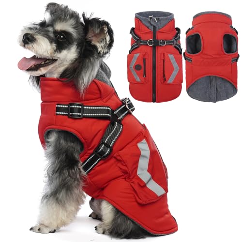 FUAMEY Small Dog Winter Coat with Harness Built in, Fleece Lined Dog Jacket Turtleneck, Pet Vest with Pockets, Back Zipper Puppy Winter Clothes, Doggy Cover for Cold Weather, Shih Tzu (Red, S)