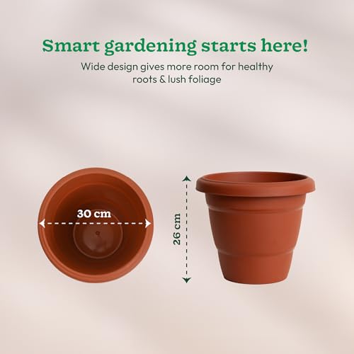 Image of UGAOO Cosmos Flower Pots - 12 Inch, Set of 3 | Terracotta Color, Large, Rugged Plastic Planters for Vegetables, Flowers & Shrubs, Outdoor Garden Use