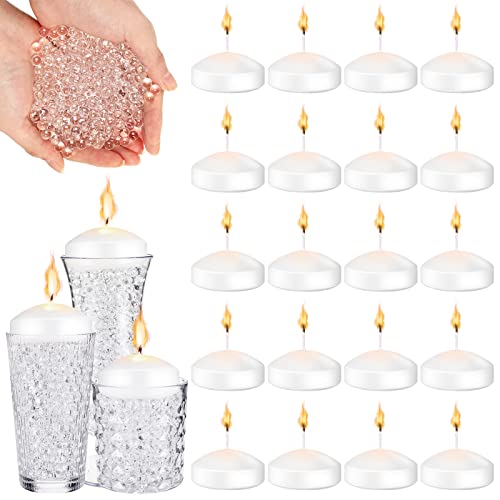 24 Pcs 10 Hour 3 Inch Floating Candles With 60000 Water Vase Filler Wedding Centerpieces For Tables Clear Gel Beads For Vases White Unscented Dripless Wax Discs For Glass Cylinder Wedding Table Decor #TOP20