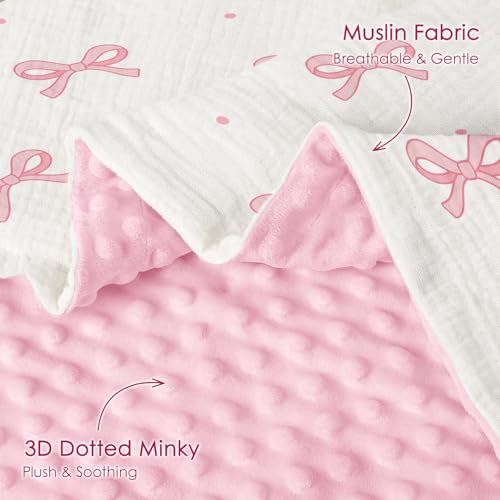 Image of Bow Baby Blankets for Girls, Soft Nursery Minky Blankets with Muslin and Dotted Fleece Back 30x40 inches, Receiving Bed Quilt for Newborn, Infants, Toddlers