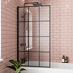 Luxura® 1400 x 800mm Black Square Grid Framed Over Bath Shower Screen for Bathroom 6mm Clear Toughened Safety Glass Panel 180° Pivot Folding Hinged Splash Guard Panels & Screens for Baths Reversible