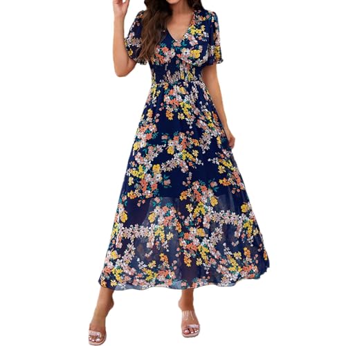 Robe printemps été imprimée manches courtes coupe trapèze et taille ceinturée