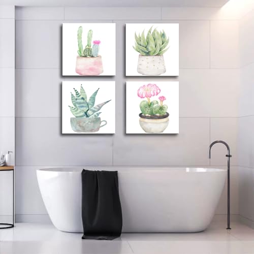 Image of msspart Cactus Bathroom Decor Wall Art, Succulent Pictures Canvas Print, Green Plants Paintings for Bedroom Living room Office Decoration - 12 inch X 12 inch