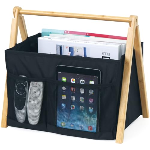 EZDeco Magazine Holder, Wooden Magazine Rack,Foldable Magazine Storage with 3 pockets for File Newspaper Book ,Magazine Basket for Bathroom /Living Room/Home, Black