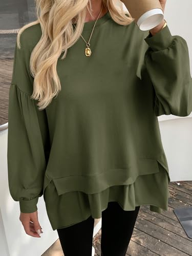 Tankaneo Womens Oversized Tops Peplum Puff Long Sleeve Shirts Trendy Casual Loose Fit Crew Neck Tunic Shirts2
