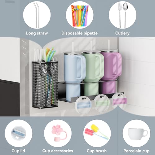 OVICAR Magnetic Cup Holder for Stanley 20/30/40oz - 2 Pack Tumbler Organizer for Refrigerator - Water Bottle Organizer with Straw Basket & 6 Hooks Tumbler Cup Lids Accessories Storage Black by OVICAR - Image 6