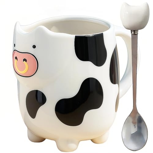 Yuwu 17oz Cow Mug with Built-in Tea Bag Holder and Spoon-Cute Glossy Ceramic Animal Cup for Milk Tea, Coffee, Kids, Girls-Farm Gift for Birthday, Christmas (white)
