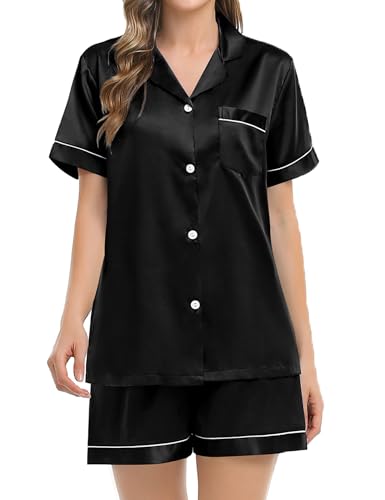 Image of SWOMOG Silk Satin Pajama Set for Men Short Sleeve Sleepwear Button Down Pj Set Classic Loungewear Black, Medium
