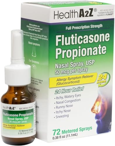 HealthA2Z® Allergy Relief, Fluticasone Propionate 50mcg, Nasal Spray, 24-Hour Allergy Relief, Nasal Decongestant, Dye Free, 72 Sprays (0.38 fl oz)