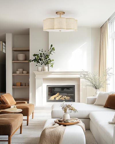 Image of Gold Semi Flush Mount Ceiling Lights, 4-Light 18 inch Brass Light Fixtures Ceiling Mount with Linen Fabric Drum Shade in Flower Shape for Nursery Bedroom Kitchen Hallway, AD-22009-4SF-GD-B