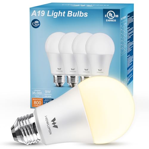 WOWLUMEN A19 LED Light Bulb,9W E26 Light Bulbs(60 Watt/80 Watt Equivalent),3500K Soft White,Non-Dimmable,800LM Standard Base for Bedroom, Kitchen, Living Room, Office,UL Listed,4 Packs