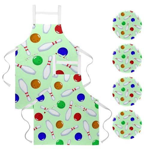 Lot de 2 tabliers de cuisine à motif bowling coloré avec 4 broches ajustables