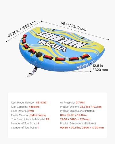 VEVOR Towable Tube für Boote, Wassersport-Schleppreifen für 4 Personen, bis 308 kg Tragfähigkeit, mit Flossen, Nylonhülle, Gepolsterten Griffen und Sicherheitsventil, für Seen, Flüsse und Meere, Blau