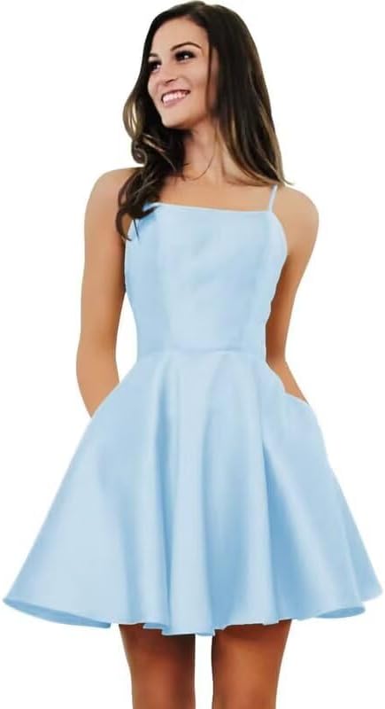 Satin Short Homecoming Dresses with Pockets for Teens Spaghetti Straps Prom Dress for Women 2025