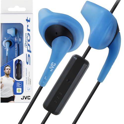 JVC Blue and Black Nozzel Secure Comfort Fit Sweat Proof Gumy Sport Earbuds with long colored cord Remote and Mic HA-ENR15A