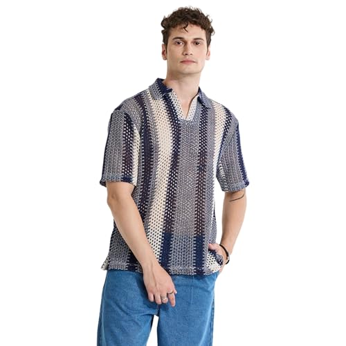 Image of SNITCH Greyish Blue Polo Box Fit Crochet T-Shirt