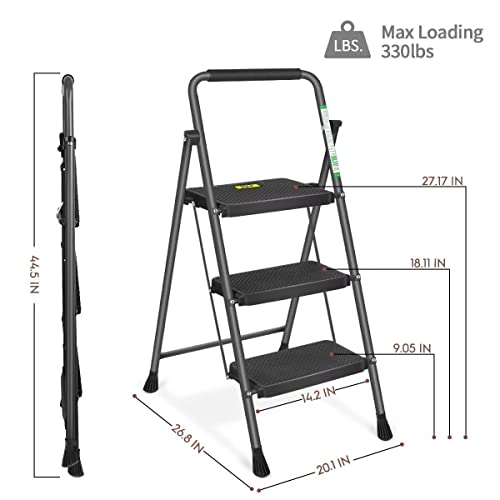3 Step Ladder Folding Step Stool With Wide Anti-Slip Pedals And Comfort Handgrip For Kitchen Household And Office, Lightweight Capacity 500Lbs Sturdy Step Ladder (Dark Grey) #TOP4