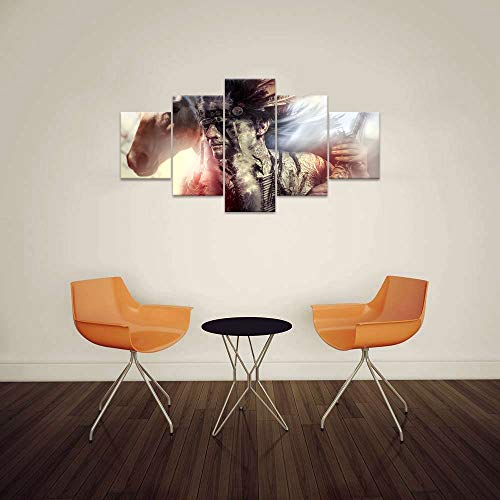 Figure Series Home Decor Artwork Native American Indian Warrior Feather Headdress And Horse Wall Art 5 Piece Paintngs Mystic Print On Canvas Framed For Living Room Hooks Ready To Hang(60''Wx32''H) #TOP1