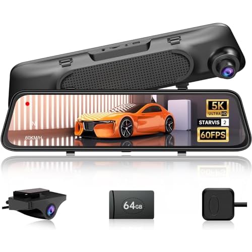 5K Mirror Dash Cam with 60fps WDR Backup Camera,12″ Rear View Mirror Camera for Car & Trucks, Front and Rear Dual Dash Camera 4K 2160P, Night Vision, Parking Assist, Included 64GB Card & GPS