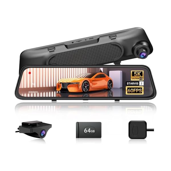 5K Mirror Dash Cam with 60fps WDR Backup Camera,12″ Rear View Mirror Camera for Car & Trucks, Front and Rear Dual Dash Camera 4K 2160P, Night Vision, Parking Assist, Included 64GB Card & GPS