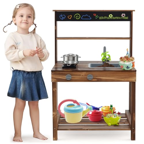GLACER Mud Kitchen, Kids Kitchen Playset, Wooden Play Kitchen with Removable Sink & Faucet, Chalkboard, Stoves, 3 Storage Shelf, Mud Kitchen for Kids Outdoor Backyard Garden, Gift for Children Ages 3+