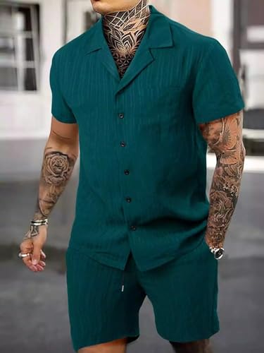 Image of Green Solid Color Mens Half Sleeves Cords Cotton Material