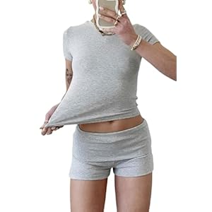 Women’s Casual Workout Two Piece Outfits Slim Short Sleeve Low Waist Foldover Shorts Tracksuit Sets Streetwear