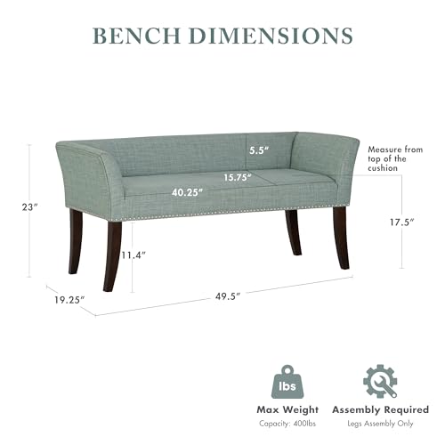 Image of Madison Park Accent Bench for Living Room, Upholstered with Nailhead Trim, & Padded Seat Entryway Bench Small, End of Bed Bench with Back, 49.5 inch W x 19.25 inch D x 23 inch H, Light Blue