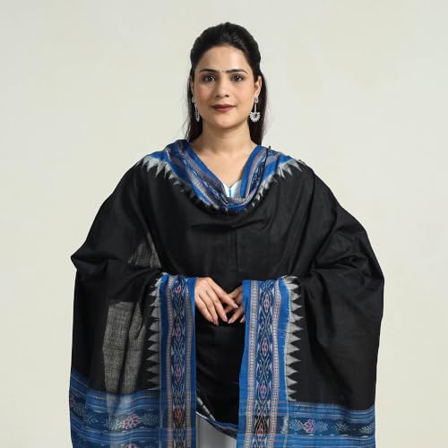Image of Cotton Dupatta with weaving and Ikat woven border from the Weavers Stole for Girls & Women