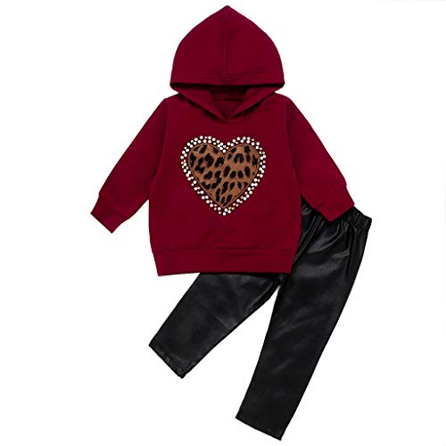 Baby Girls Stylsih 2Pcs Outfits Clothes Set for 0-5T Little Kids Toddler Crystal Leopard Print Love Hooded Hoodie Pullover Tops+Pants (Red, 2-3 Years Old)
