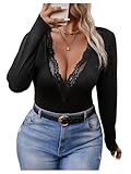 SOLY HUX Women's Plus Size Long Sleeve Bodysuit Sexy Lace Trim Deep V Neck Leotard Tops Solid Black 3XL